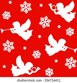 Christmas seamless pattern with silhouettes of angels, trumpets, snowflakes and stars, vector illustration