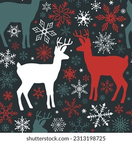Navidad Patrón sin foco con siluetas de venado y copos de nieve. Ilustración del vector colorido.