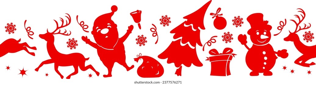 Christmas seamless pattern with silhouettes of Santa Claus, reindeer and snowman close-up on a white background. Christmas background