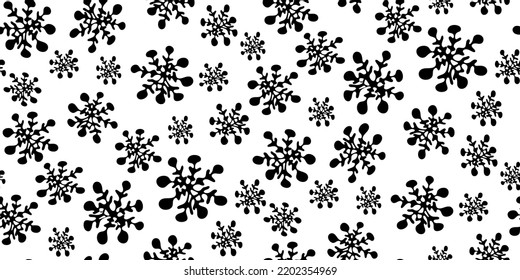 Weihnachtsnahtloses Muster mit Silhouetten von Schneeflocken im kindlichen, naiven Schreiberstil. Für Grußkarten, Geschenkverpackungen, Verpackungspapier. Hübsche Kollektion im Schrabellstil für ein glückliches neues Jahr. 