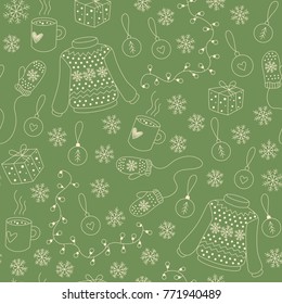 Christmas seamless pattern with silhouettes of sweater, snowflake, gift, xmas decoration and mug of tea. Green colored. For wallpaper, wrapping paper, textile, greeting card. Vector background.