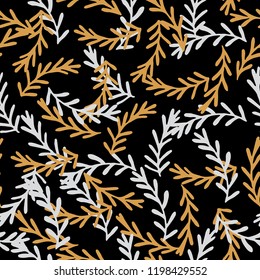 Christmas seamless pattern with silver and gold sprigs on a black background. hand drawn vector illustration.