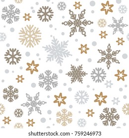 Christmas seamless pattern with silver and gold snowflakes isolated on white background. Vector illustration.