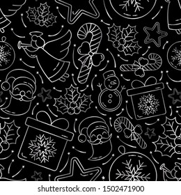 Christmas seamless pattern. Silver pictures on a black background. Vector illustration