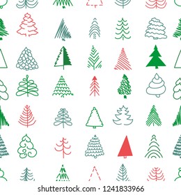 Christmas seamless pattern  with simple minimalist trees. Doodle forest cartoon texture for greeting cards, fabric or wrapping paper design