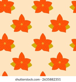 Christmas seamless pattern with simple Poinsettia flower on pastel background. Christmas red flower symbol. Vector illustration. For gift wrapping paper, packaging design, textile, surface design etc