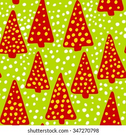 Christmas seamless pattern. Simple retro pattern of christmas tree. Arrow tree. Snow. Snowflakes. Polka dot.