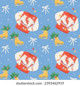 Christmas seamless pattern with skates, sweater, and festive decorations.