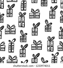 Christmas seamless pattern. Sketch handwritten vector illustration. Black and white holiday design.