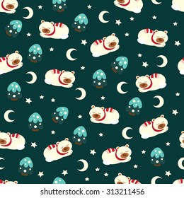 Christmas seamless pattern with sleeping polar bear, moon and fir