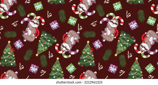 Christmas seamless pattern with a sloth, Christmas decorative design elements on red background.