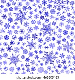 Christmas seamless pattern of small and big snowflakes, blue on white
