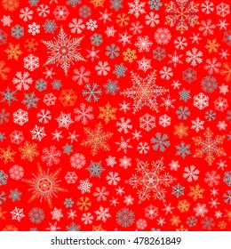 Christmas seamless pattern of small and big snowflakes, turquoise, white, light blue and yellow on red