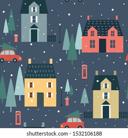 Christmas seamless pattern with small English colourful houses, trees, post boxes, telephone on blue background. Vector illustration 