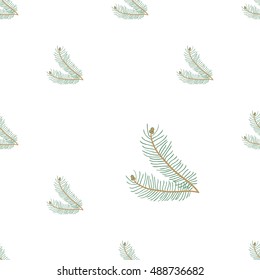 Christmas seamless pattern with small fir twig. Beautiful vector background for decoration xmas designs. Cute minimalistic art elements on white backdrop.