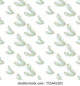 Christmas seamless pattern with small fir twig. Beautiful vector background for decoration xmas designs. Cute minimalistic art elements on white backdrop.