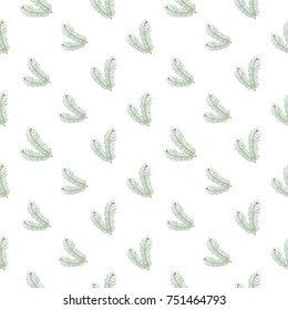 Christmas seamless pattern with small fir twig. Beautiful vector background for decoration xmas designs. Cute minimalistic art elements on white backdrop.
