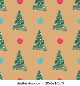 Patrón de Navidad sin fierros con un pequeño árbol de abeto verde dibujado a mano y juguete de navidad. Ilustración vectorial para papel de embalaje, papel pintado, mantel, etc.