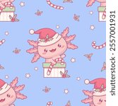 Christmas Seamless pattern with smiling Axolotl Santa with striped caramel in gift box on blue background. New Year Funny Little cartoon kawaii character backdrop. Vector illustration. Kids collection