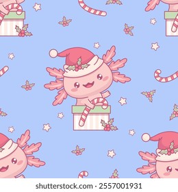 Christmas Seamless pattern with smiling Axolotl Santa with striped caramel in gift box on blue background. New Year Funny Little cartoon kawaii character backdrop. Vector illustration. Kids collection