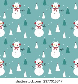 Christmas seamless pattern with smiling snowman, snowflakes and christmas tree 