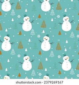 Christmas seamless pattern with smiling snowman, snowflakes and christmas tree 