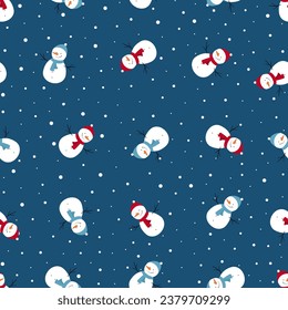 Christmas seamless pattern with smiling snowman and snowy