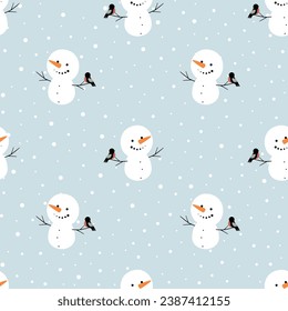 Christmas seamless pattern with smiling snowman and bullfinch