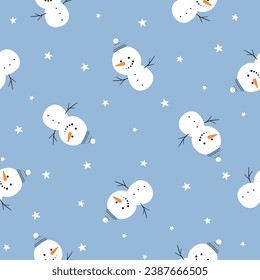 Christmas seamless pattern with smiling snowman with knitted hat