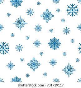 Christmas seamless pattern. Snow flakes backdrop. Tileable background for winter holidays. Graphic design element for packaging paper, prints, scrapbooking. Holiday themed design. Vector illustration