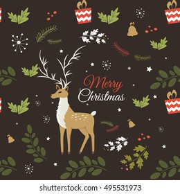Christmas seamless pattern with snow and funny deer. Vector Template illustration background card.