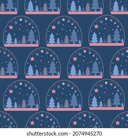 Christmas seamless pattern with snow globe. Snowball with xmas trees and stars. Holiday background. Festive design in pastel color. Cute wrapper paper, wallpapers, textile prints. Vector illustration