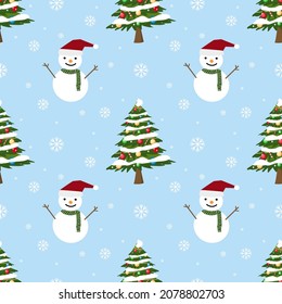 Patrón navideño sin fisuras con hombre de nieve y Trees Winter patrón con copos de nieve, creativo para textura de tela, envoltura, textil, papel pintado, ropa. Fondo de la ilustración del vector. Año nuevo.