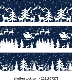 Christmas seamless pattern. Snow winter landscape with deer. Merry christmas greeting card. Eps 10