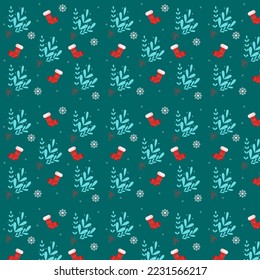 Weihnachtsnahtloses Muster. Schneeflocken, Zweig und Socken, Vektorgrafik, traditionelle Farben