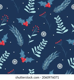 Weihnachtsnahtloses Muster mit Schneeflocken, Beeren, Mistelwein und Tannenarm. Winterhintergrund, Vektorgrafik