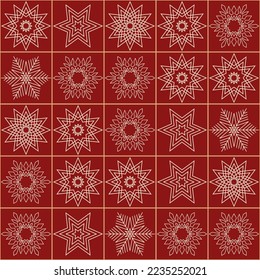 Weihnachtsnahtloses Muster mit Schneeflocken, Weihnachtsschmuck, festliche Winterkunst-Schneeflocken-Icicle, eckige rote Keramikfliesen