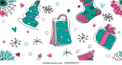 Natal padrão sem costura: floco de neve, caixa de presente, pacote, estoque, árvore de natal. Vetor colorido doodle desenhado à mão, não ilustração AI feita em cores verdes e cor-de-rosa sobre fundo de decoração branco	