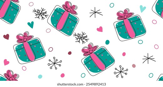 Christmas seamless pattern: snowflake, gift box, hearts, dots. Colorful doodle vector hand-drawn, not AI illustration in green, pink colors for cards, business, banners, wallpaper, textile, wrapping