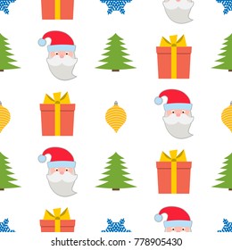 Christmas seamless pattern with snowflake, gift box, Santa Claus and Christmas tree on white background. Vector illustration