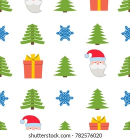 Christmas seamless pattern with snowflake, gift box, Santa Claus and Christmas tree on white background. Vector illustration
