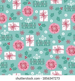 Christmas seamless pattern with snowflake, presents, holly berry, bow on green background. Scandinavian style. Perfect for holiday invitations, winter greeting cards, wallpaper and gift paper 