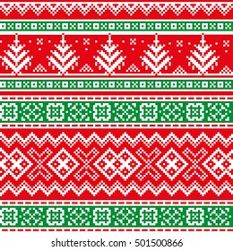 Christmas seamless pattern with snowflake and tree. White pixel images with red and green background.