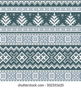 Christmas seamless pattern with snowflake and tree. White pixel images with dark & light blue background.