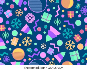 Navidad sin fisuras con copos de nieve y cajas de regalo 3d. Memphis elementos geométricos en el estilo de los años 80. Diseño de navidad para imprimir en material promocional, papel envolvente y banner. Ilustración del vector