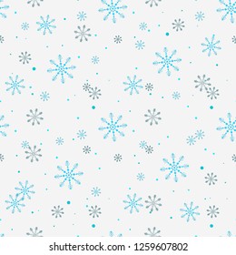 Christmas seamless pattern with snowflakes abstract background. White snowflakes. Vector illustration. Light blue background. Holiday design for Christmas and New Year fashion prints.