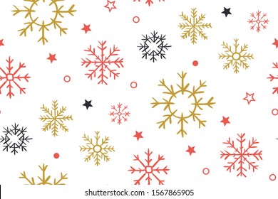 Christmas seamless pattern with snowflakes. Abstract New Year pattern. Can be used for winter holiday invitations, greeting cards, print. Childish geometric cover for design birthday card, wallpaper.