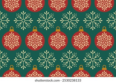 Navidades sin patrón. Copos de nieve, bola de Navidad y adornos de diseño de fondo para la decoración en la tarjeta de Navidad, Anuncio, envoltura, Fondo de pantalla, textil, moda.