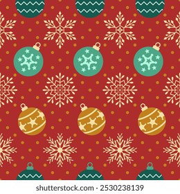 Christmas seamless pattern. Snowflakes,  Christmas ball and ornaments background design for decoration on Christmas card, banner, wrapping, wallpaper, textile, fashion.