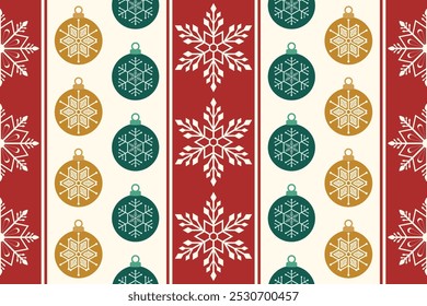 Christmas seamless pattern. Snowflakes,  Christmas ball and ornaments background design for decoration on Christmas card, banner, wrapping, wallpaper, textile, fashion.